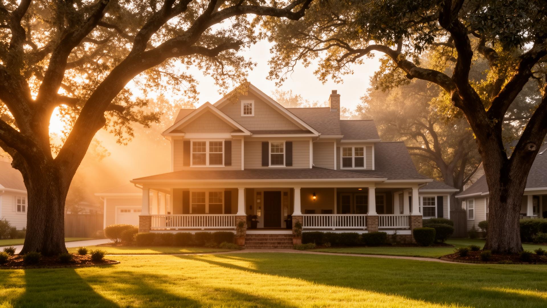 Warm suburban American home at golden hour